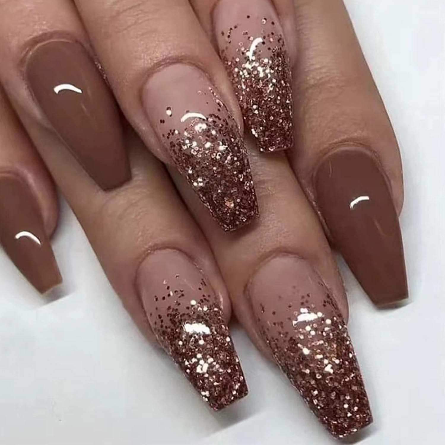 Gorgeous Brown Gradient Coffin Press-On Nails - 24 Pcs Medium Ballerina Glossy Acrylic Designs