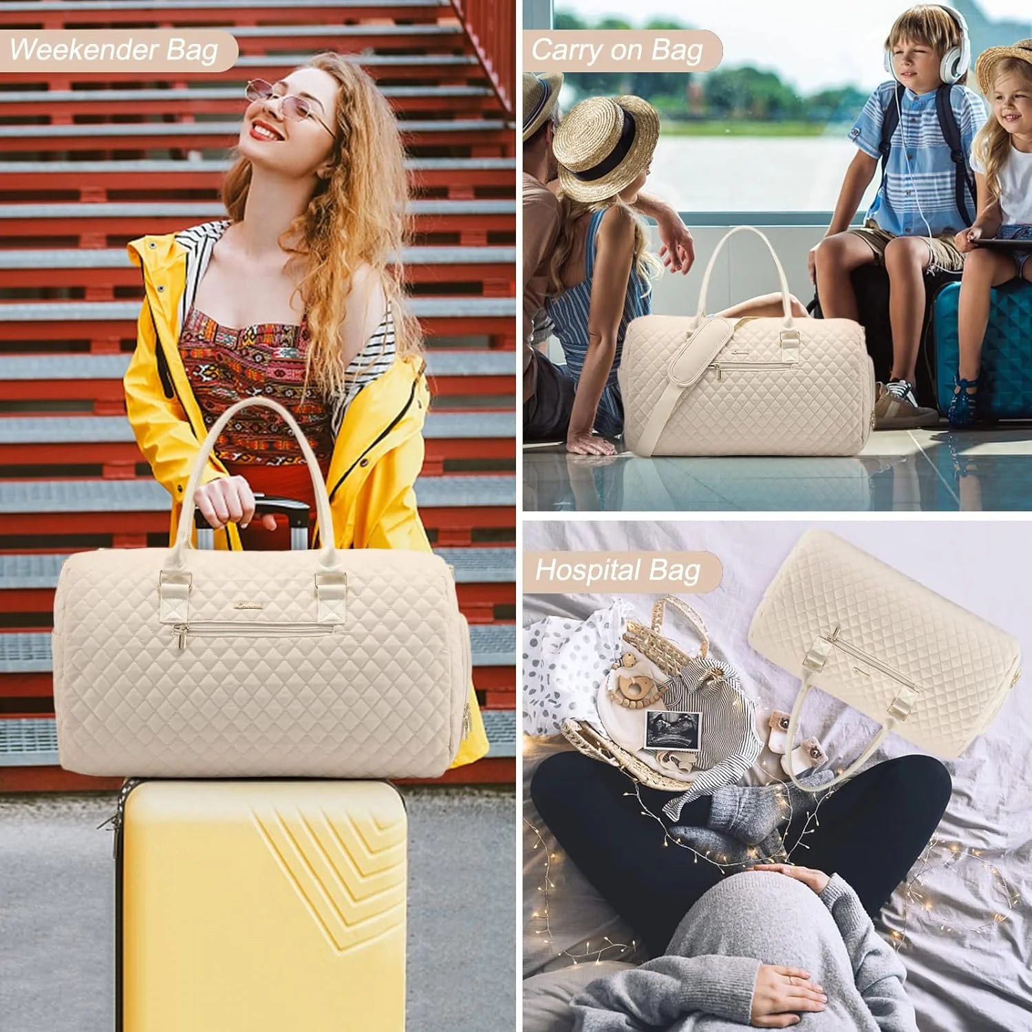 Women's Large Travel Duffle Bag with Toiletry Bag, Quilted Beige Weekender and Gym Beach Bag with Separate Wet Pocket