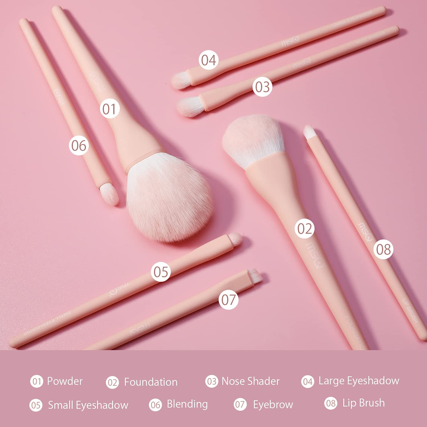 8-Piece Professional Makeup Brush Set with Foundation, Blending, and Eyeshadow Brushes in Pink Bag