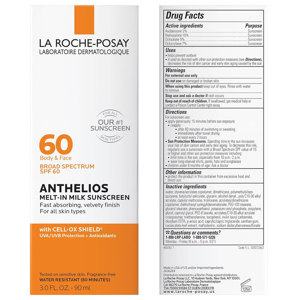 Anthelios Melt-In Milk Sunscreen SPF 60 - Lightweight, Fast-Absorbing, Broad Spectrum Protection for Body & Face, Oil-Free & Oxybenzone Free with Antioxidants
