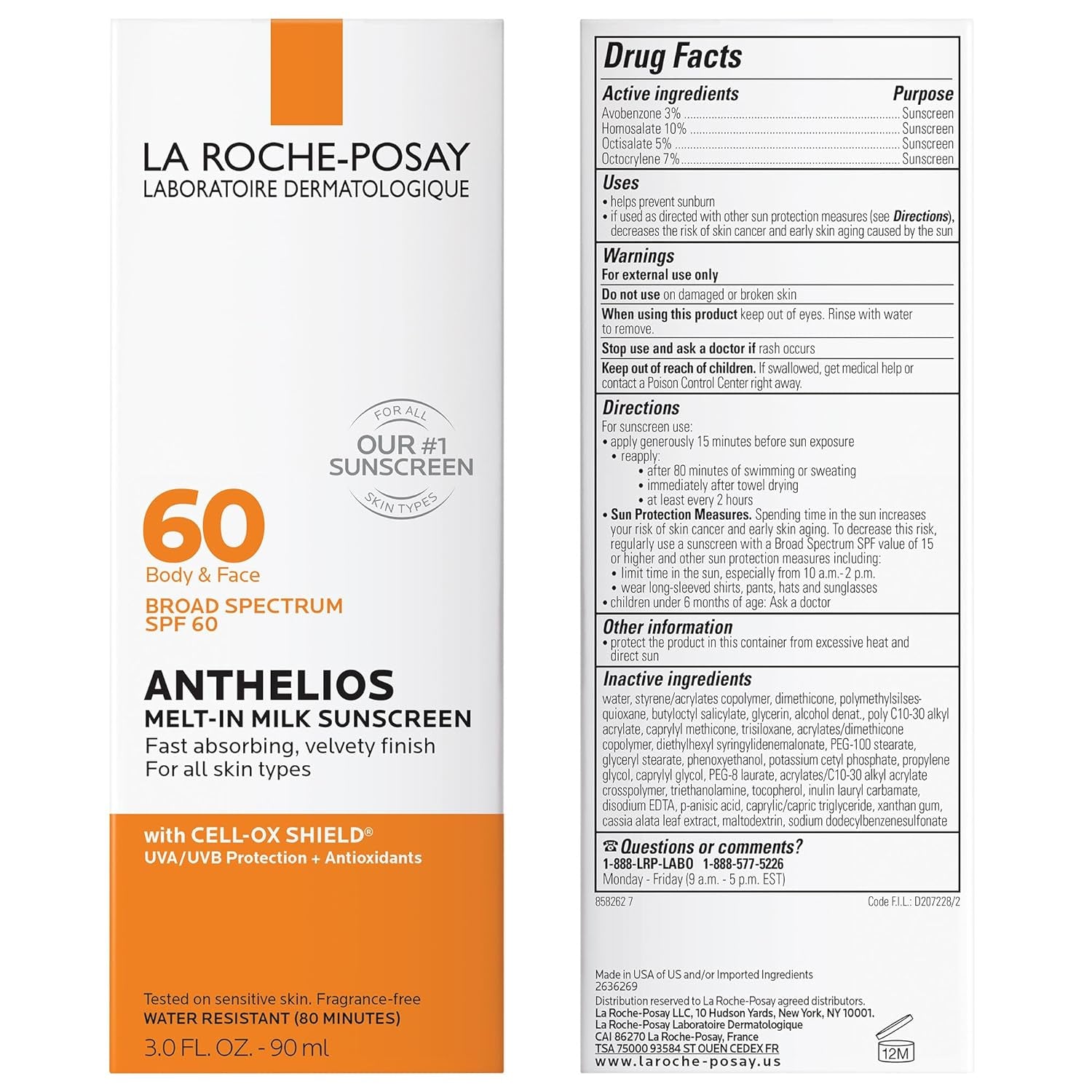 Anthelios Melt-In Milk Sunscreen SPF 60 - Lightweight, Fast-Absorbing, Broad Spectrum Protection for Body & Face, Oil-Free & Oxybenzone Free with Antioxidants