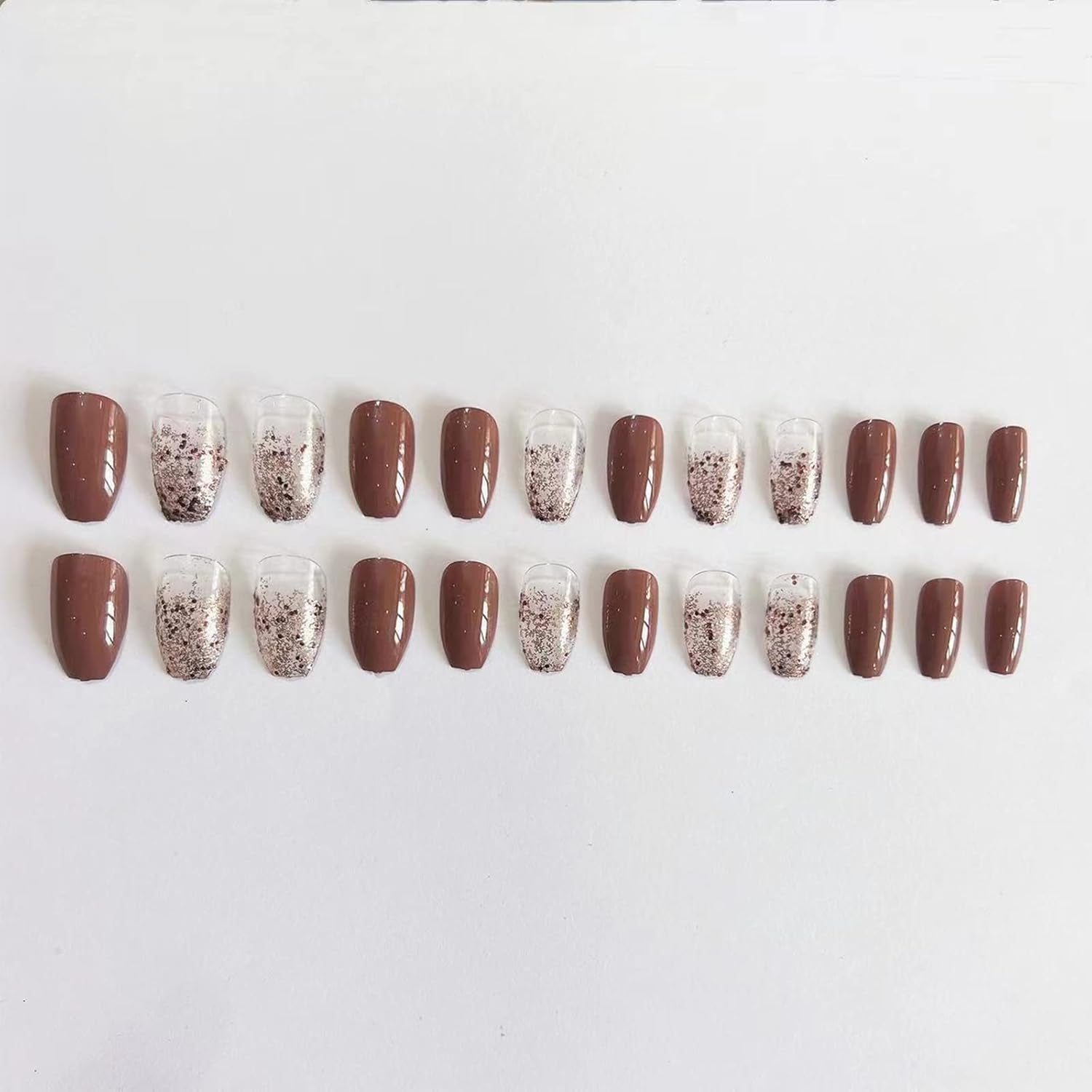 Gorgeous Brown Gradient Coffin Press-On Nails - 24 Pcs Medium Ballerina Glossy Acrylic Designs