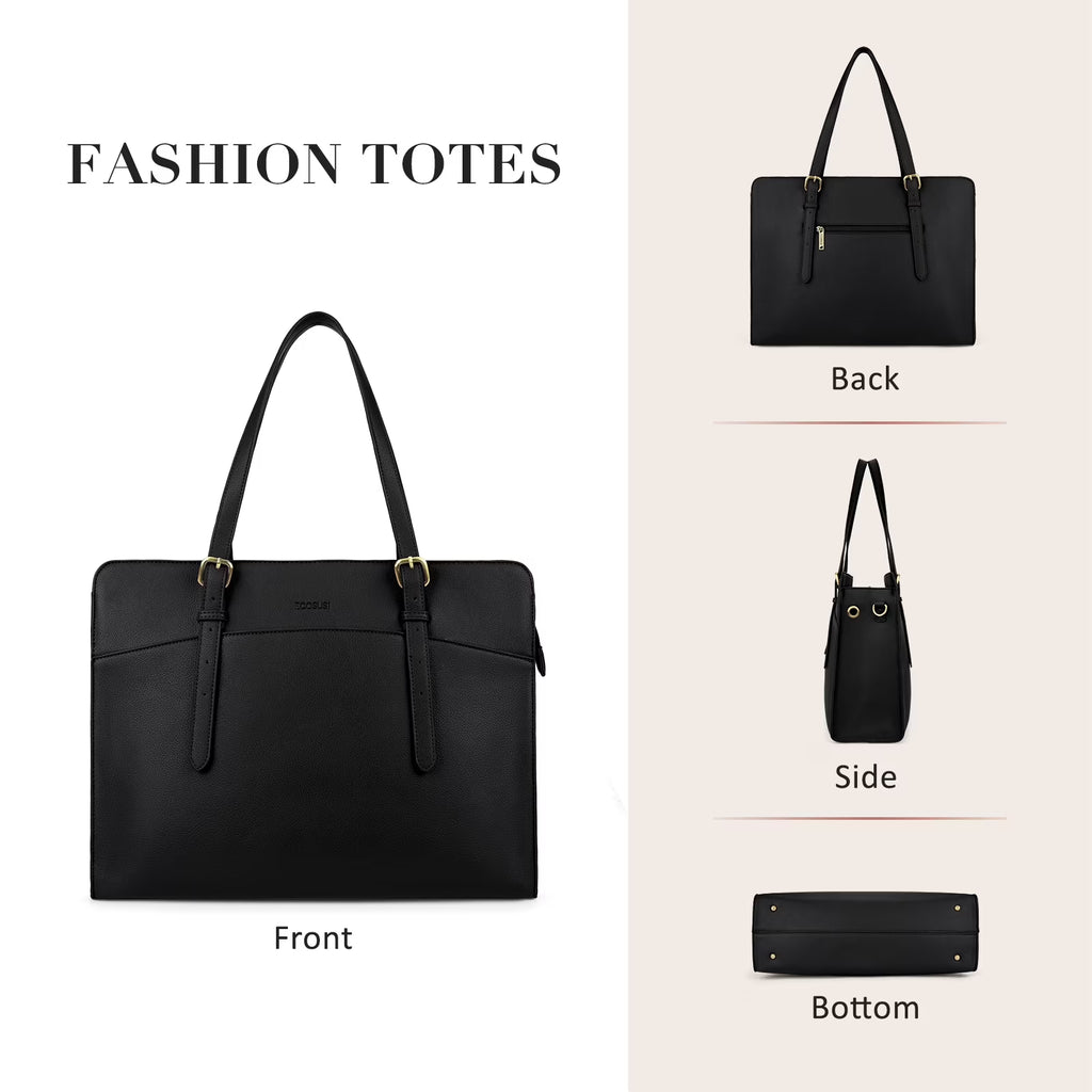 Women's Leather Laptop Tote Bag - 15.6 Inch Waterproof Briefcase Handbag for Work, Office, Business, College, and Travel - Black