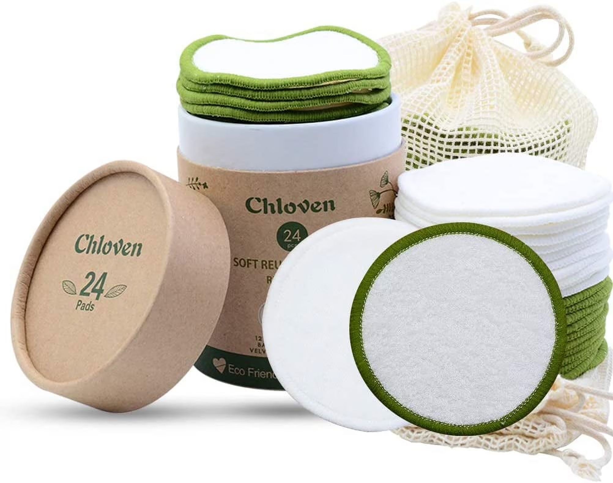 Reusable Makeup Remover Pads - 24 Eco-Friendly Bamboo Velour Cotton Rounds with Laundry Bag and Storage Box for All Skin Types