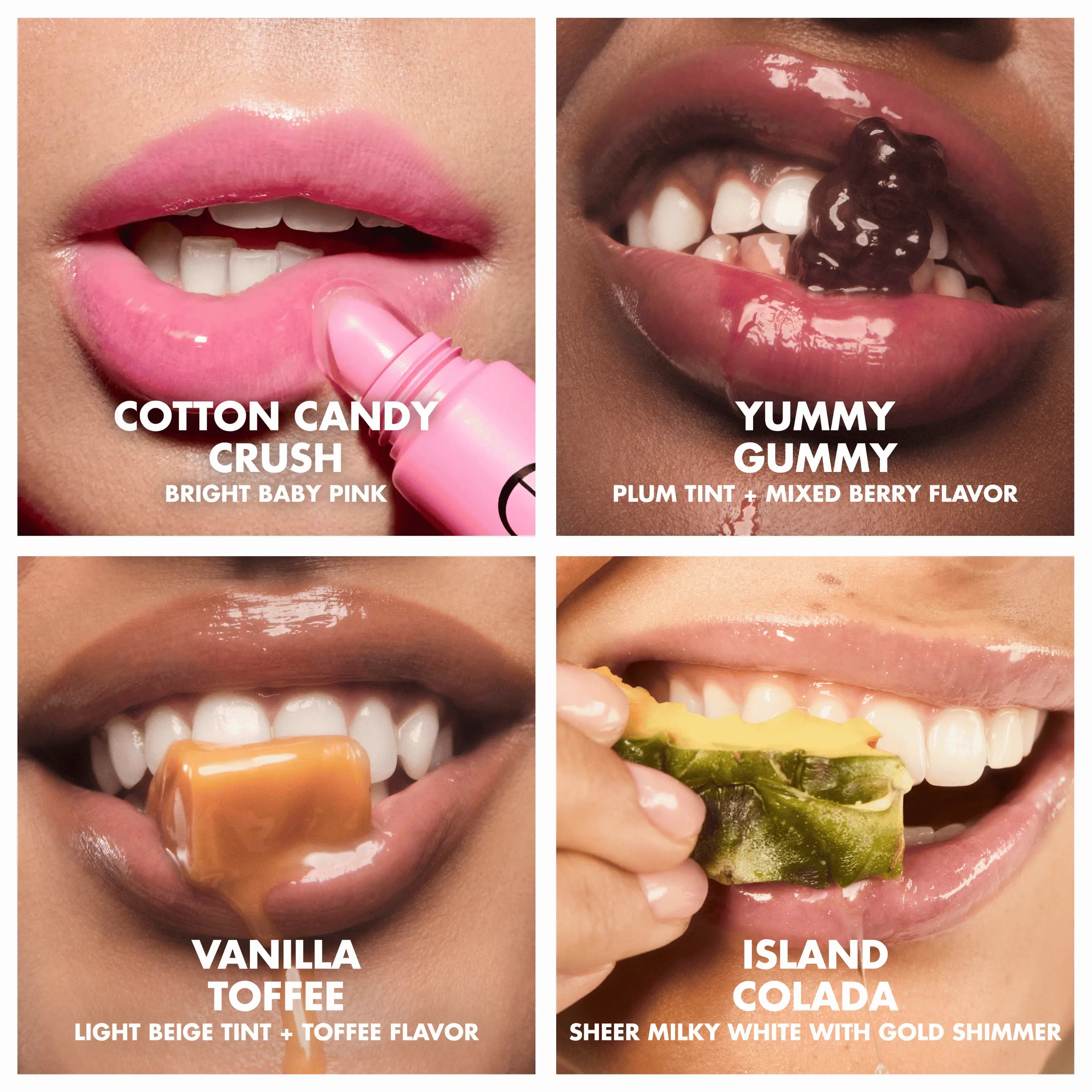 Glow Reviver Melting Lip Balm 4-Pack - Island Colada, Cotton Candy Crush, Vanilla Toffee, Yummy Gummy - Smooth Application, Buildable Color, Hydrating Butters