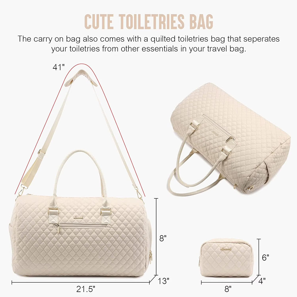 Women's Large Travel Duffle Bag with Toiletry Bag, Quilted Beige Weekender and Gym Beach Bag with Separate Wet Pocket