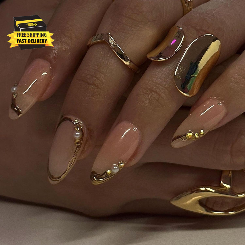 Glamorous Gold French Press-On Nails with 3D Gold Lines - Medium Glue-On Perfection