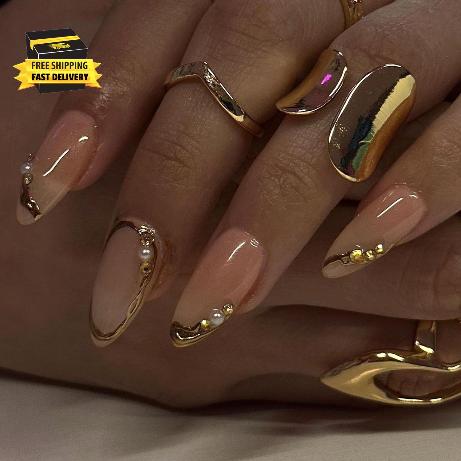 Glamorous Gold French Press-On Nails with 3D Gold Lines - Medium Glue-On Perfection