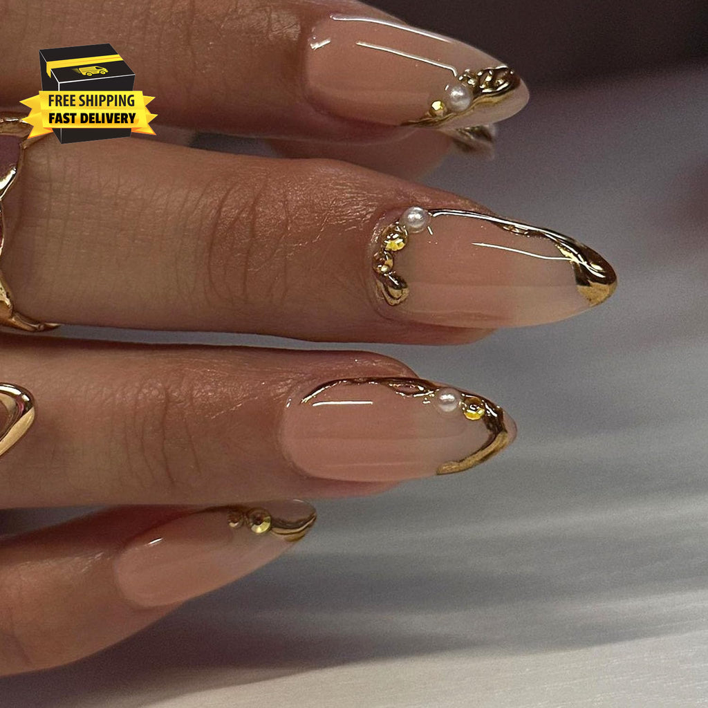 Glamorous Gold French Press-On Nails with 3D Gold Lines - Medium Glue-On Perfection