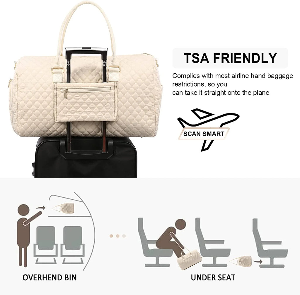 Women's Large Travel Duffle Bag with Toiletry Bag, Quilted Beige Weekender and Gym Beach Bag with Separate Wet Pocket