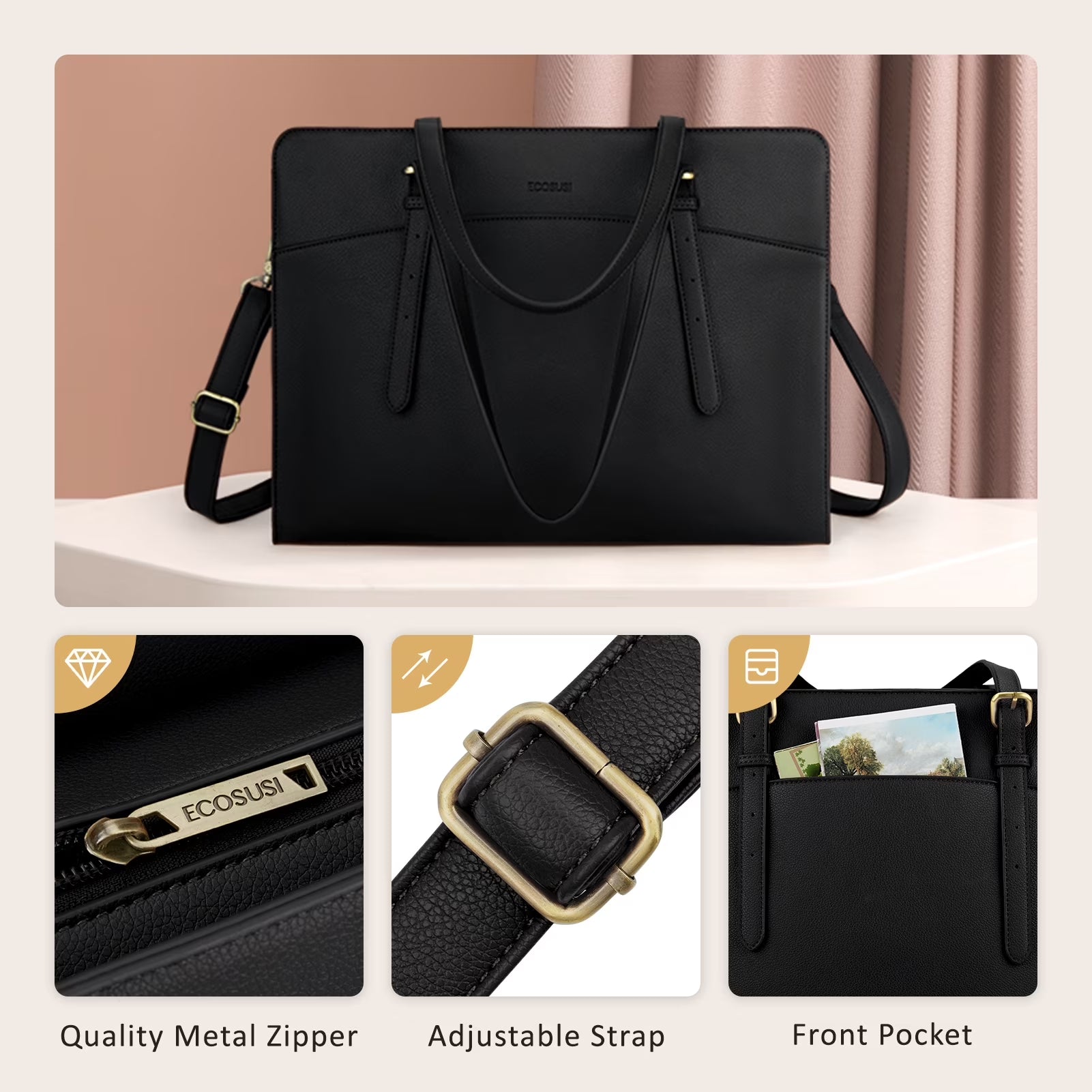 Women's Leather Laptop Tote Bag - 15.6 Inch Waterproof Briefcase Handbag for Work, Office, Business, College, and Travel - Black