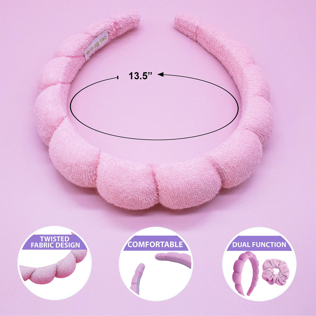 Puffy Spa Headband and Wristband Set for Women - Terry Cloth Hair Band for Skincare and Makeup Application