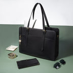 Women's Leather Laptop Tote Bag - 15.6 Inch Waterproof Briefcase Handbag for Work, Office, Business, College, and Travel - Black
