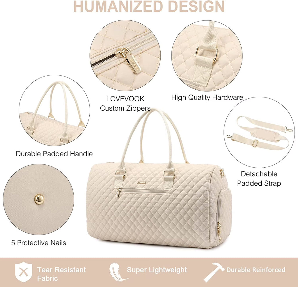 Women's Large Travel Duffle Bag with Toiletry Bag, Quilted Beige Weekender and Gym Beach Bag with Separate Wet Pocket