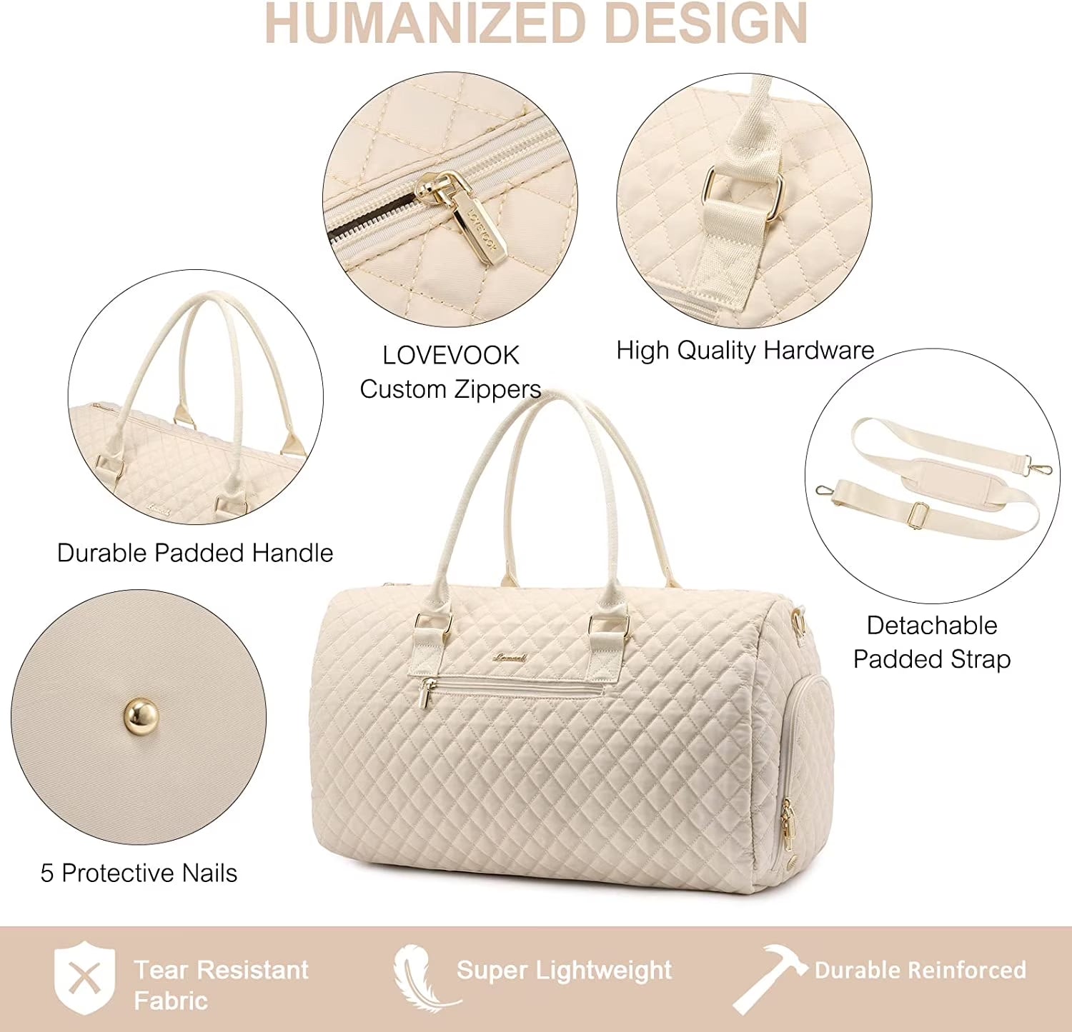 Women's Large Travel Duffle Bag with Toiletry Bag, Quilted Beige Weekender and Gym Beach Bag with Separate Wet Pocket