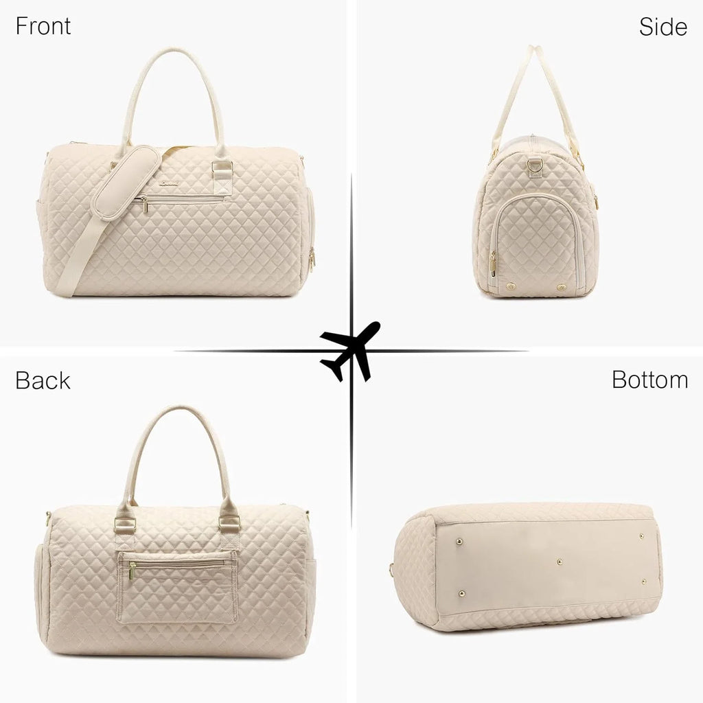 Women's Large Travel Duffle Bag with Toiletry Bag, Quilted Beige Weekender and Gym Beach Bag with Separate Wet Pocket