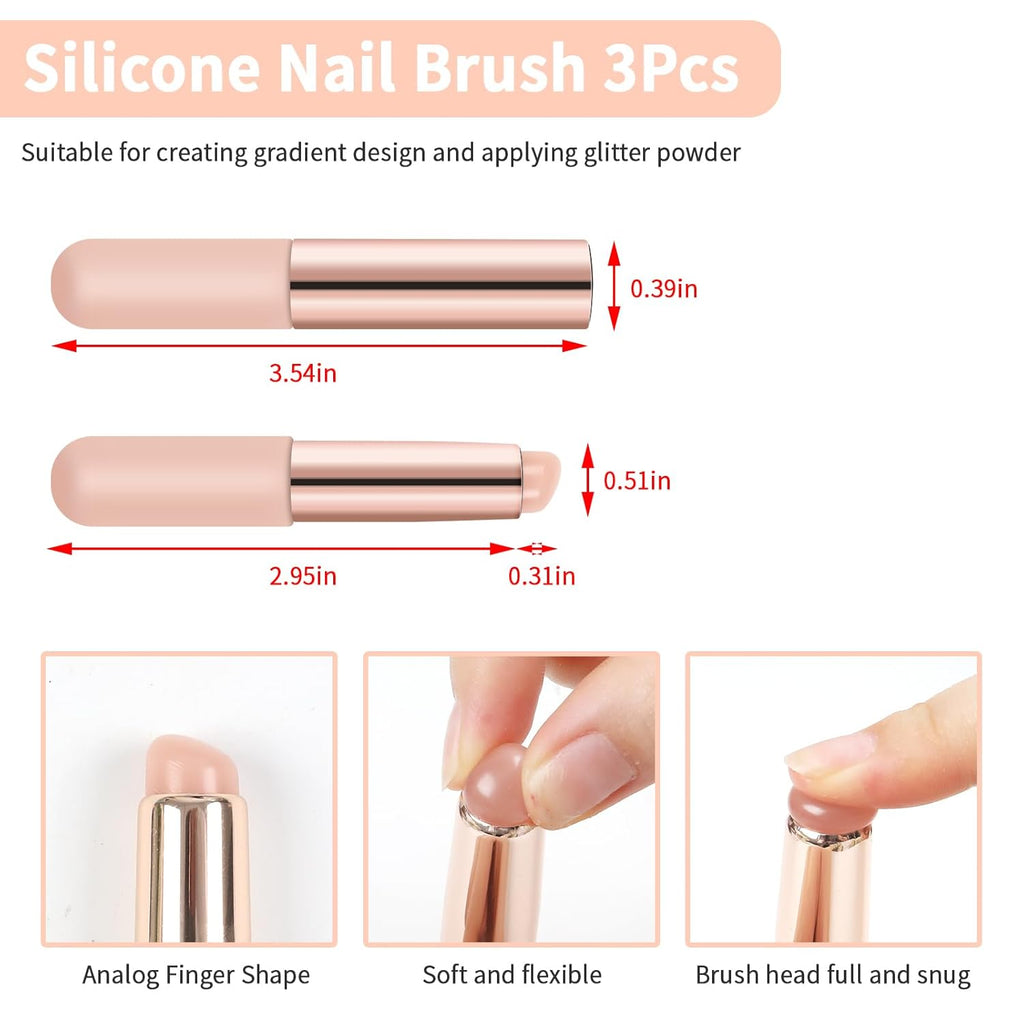 3-Piece Pink Silicone Nail Art Brush Set for Ombre, Chrome, and French Manicure - Perfect Stamping Tool!
