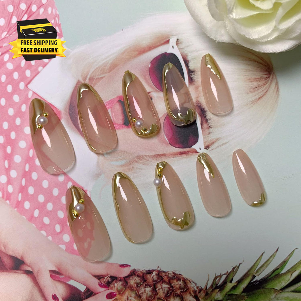 Glamorous Gold French Press-On Nails with 3D Gold Lines - Medium Glue-On Perfection