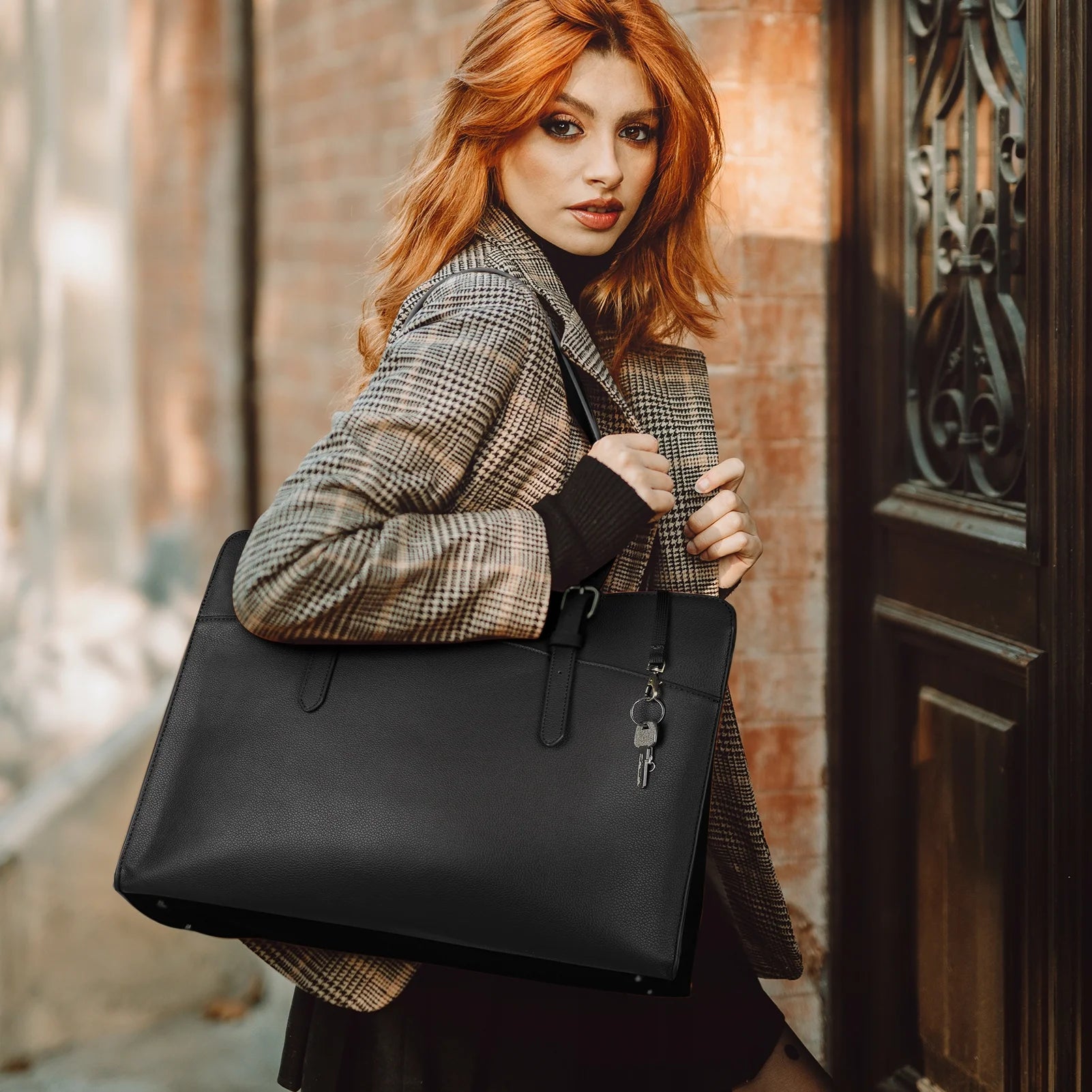Women's Leather Laptop Tote Bag - 15.6 Inch Waterproof Briefcase Handbag for Work, Office, Business, College, and Travel - Black