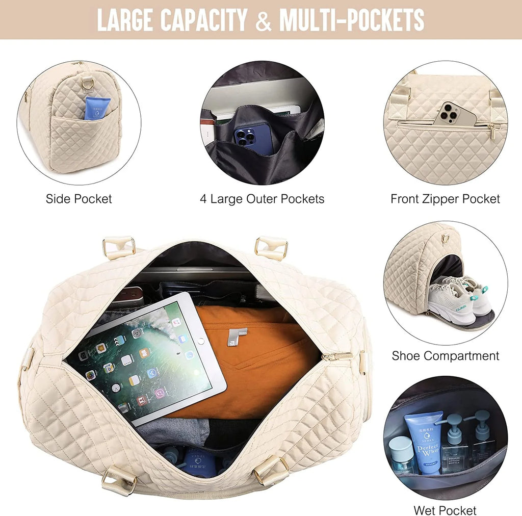 Women's Large Travel Duffle Bag with Toiletry Bag, Quilted Beige Weekender and Gym Beach Bag with Separate Wet Pocket