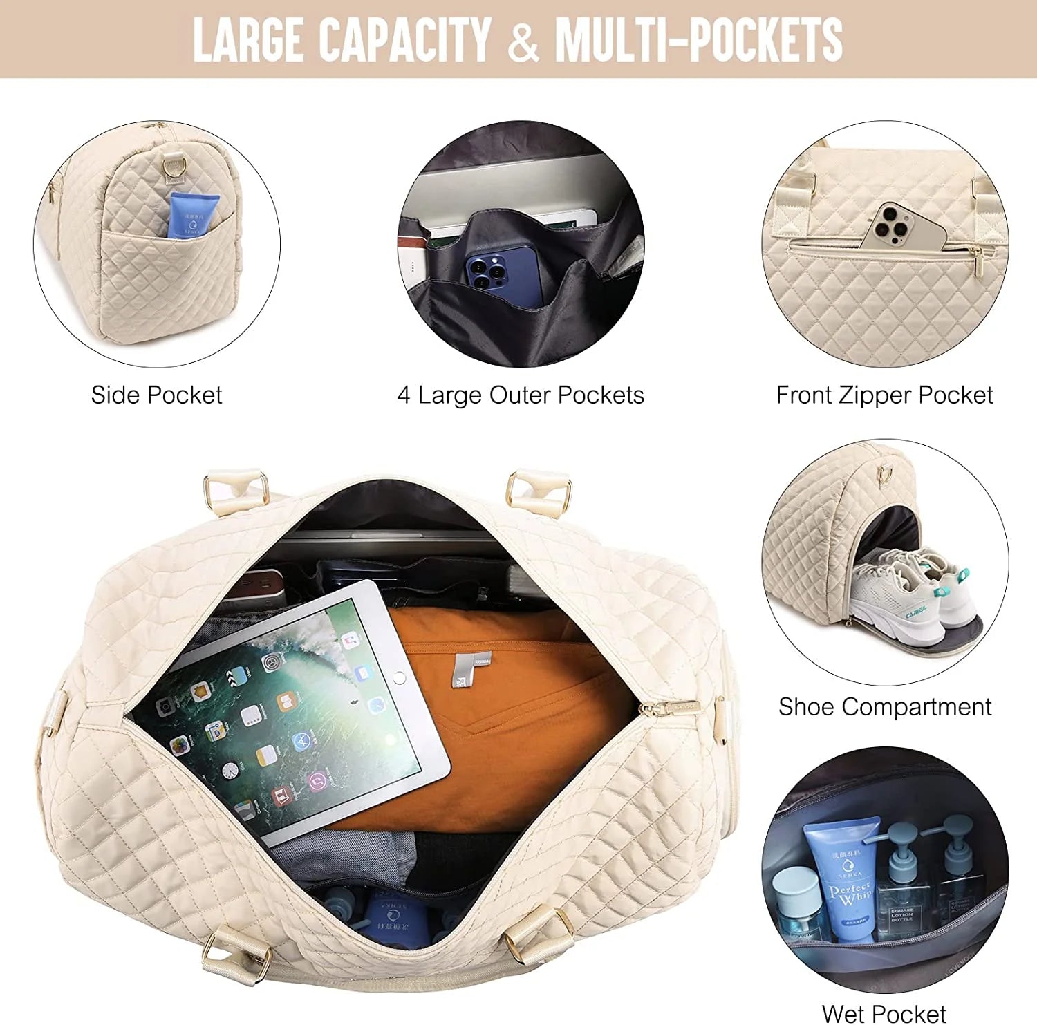 Women's Large Travel Duffle Bag with Toiletry Bag, Quilted Beige Weekender and Gym Beach Bag with Separate Wet Pocket