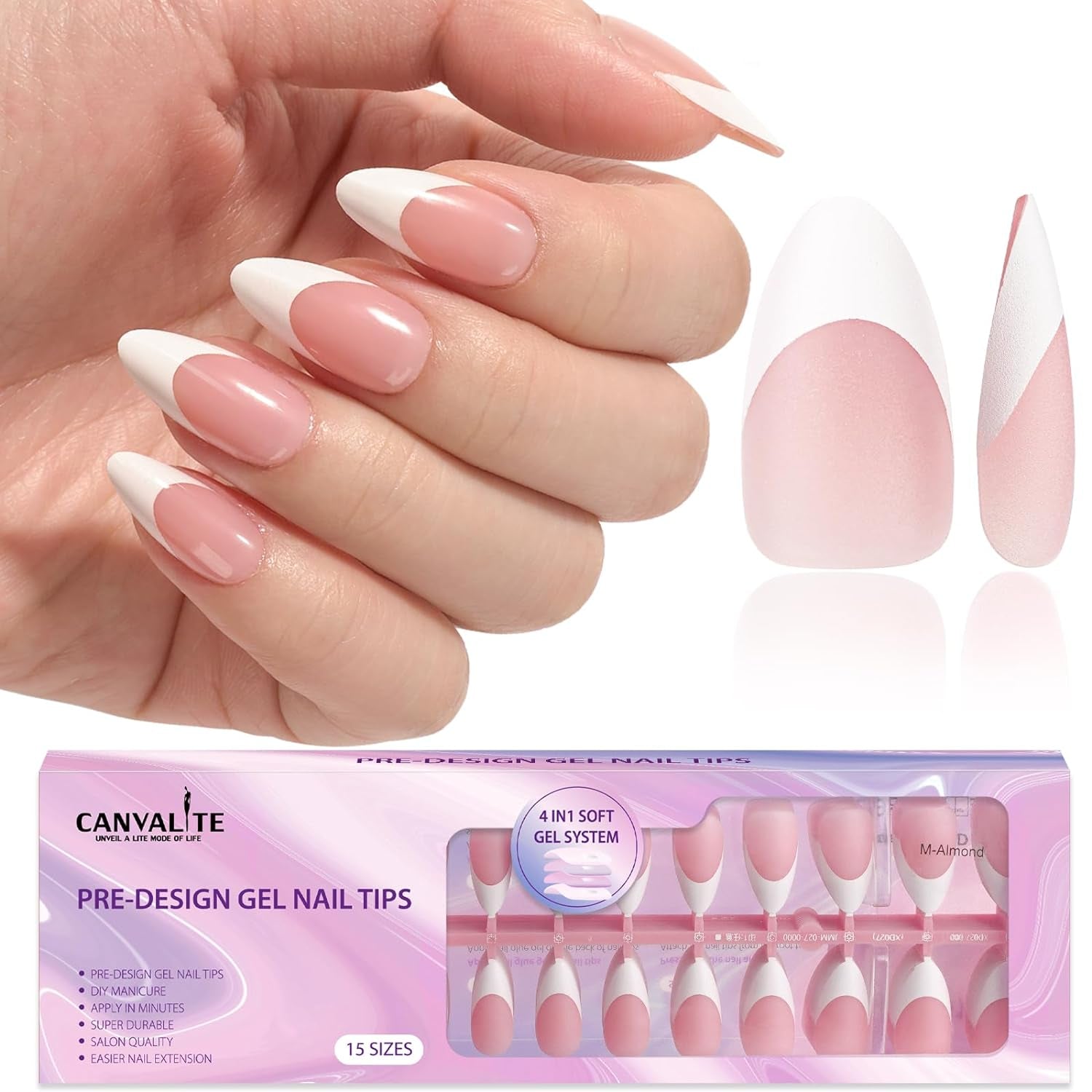 300Pcs French Tip Press on Nails - Pre-Colored Almond Fake Nails with Designs for Quick & Easy DIY Nail Extensions, Perfect Valentine's Day Gift in Pink & White