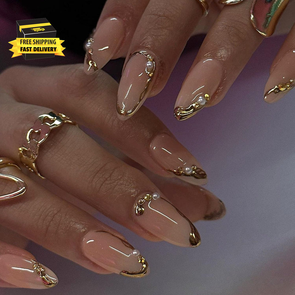 Glamorous Gold French Press-On Nails with 3D Gold Lines - Medium Glue-On Perfection