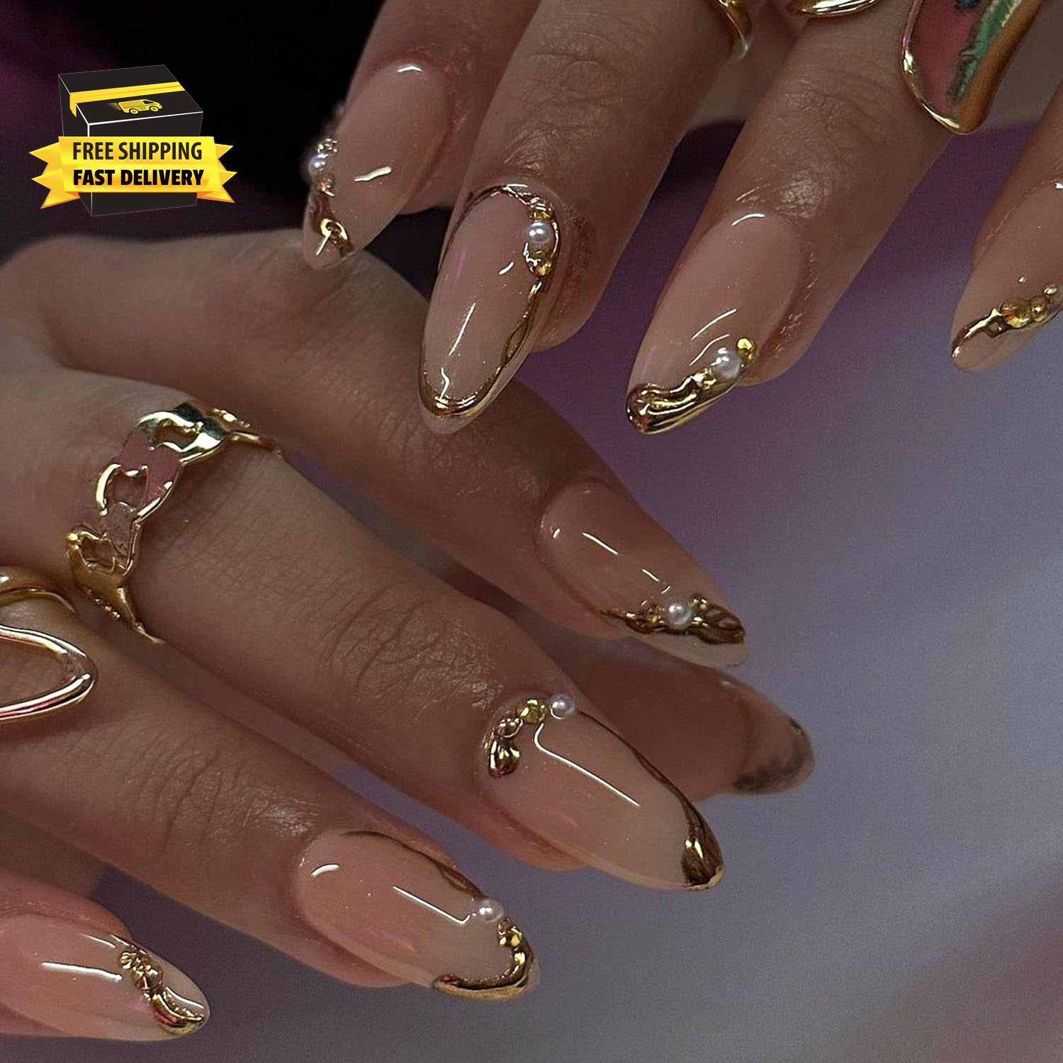 Glamorous Gold French Press-On Nails with 3D Gold Lines - Medium Glue-On Perfection