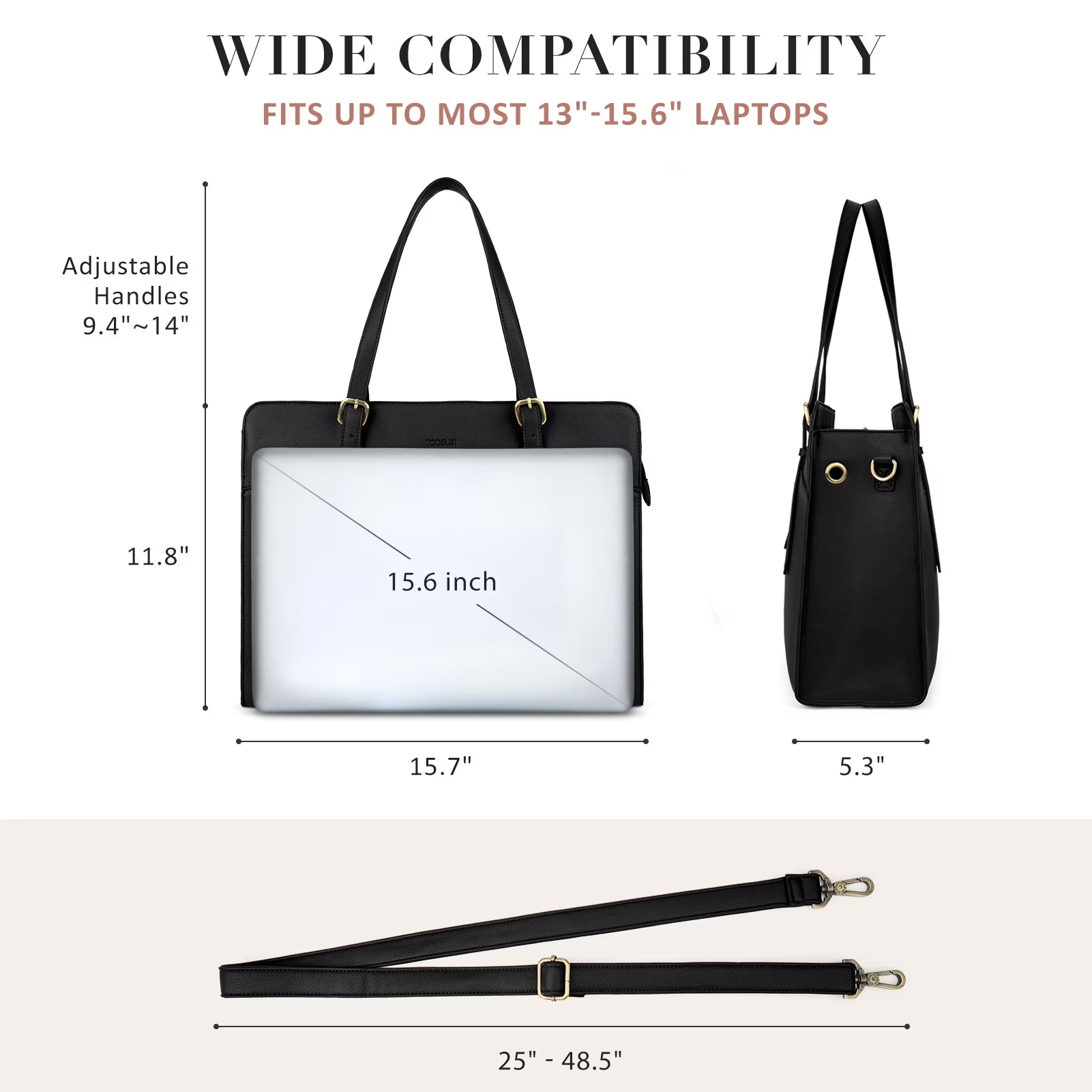 Women's Leather Laptop Tote Bag - 15.6 Inch Waterproof Briefcase Handbag for Work, Office, Business, College, and Travel - Black