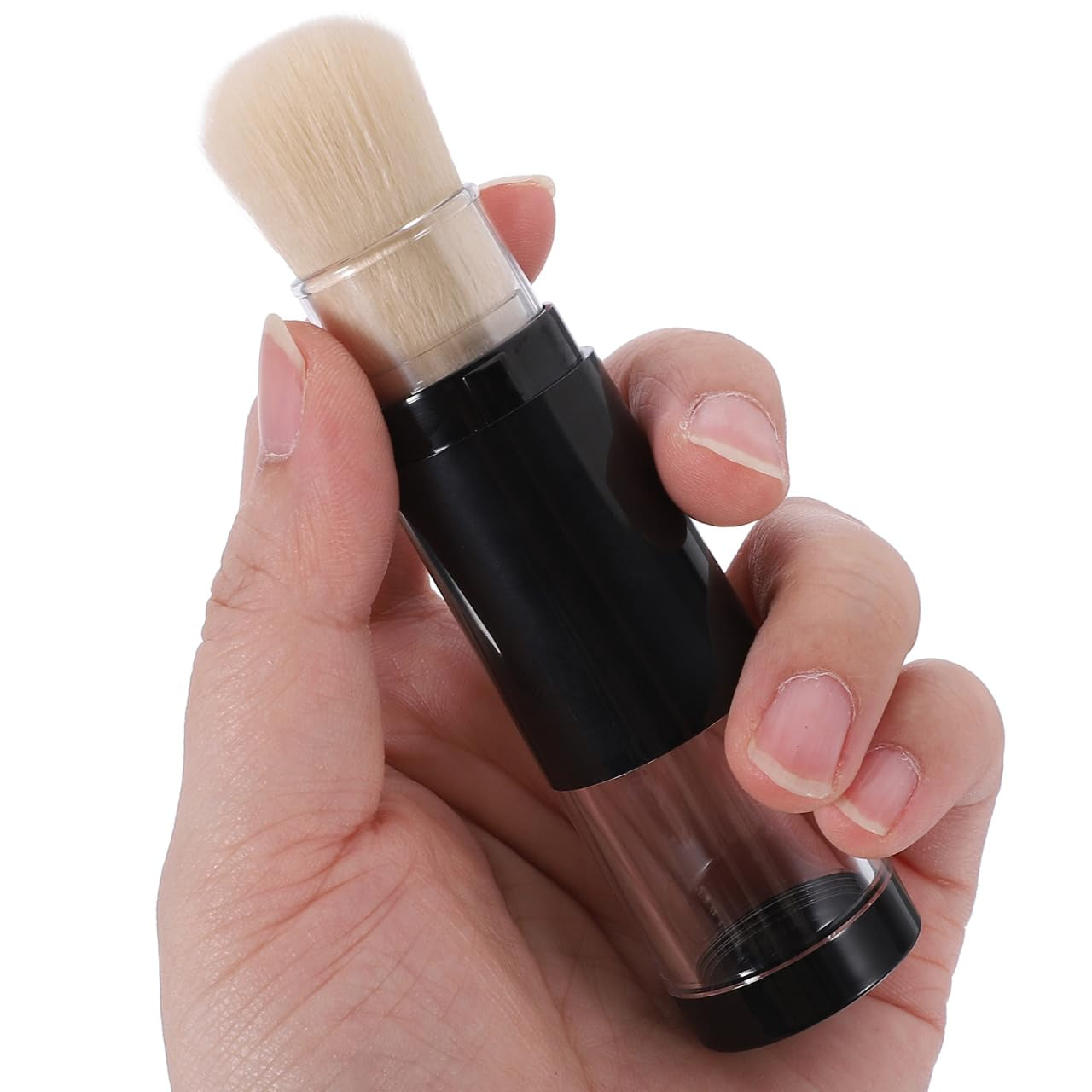 Refillable Powder Brush with Pressure Dispensing Bottle - Soft Makeup Brush for Loose Powder, Foundation, and Highlight - Travel-Friendly Cosmetic Tool