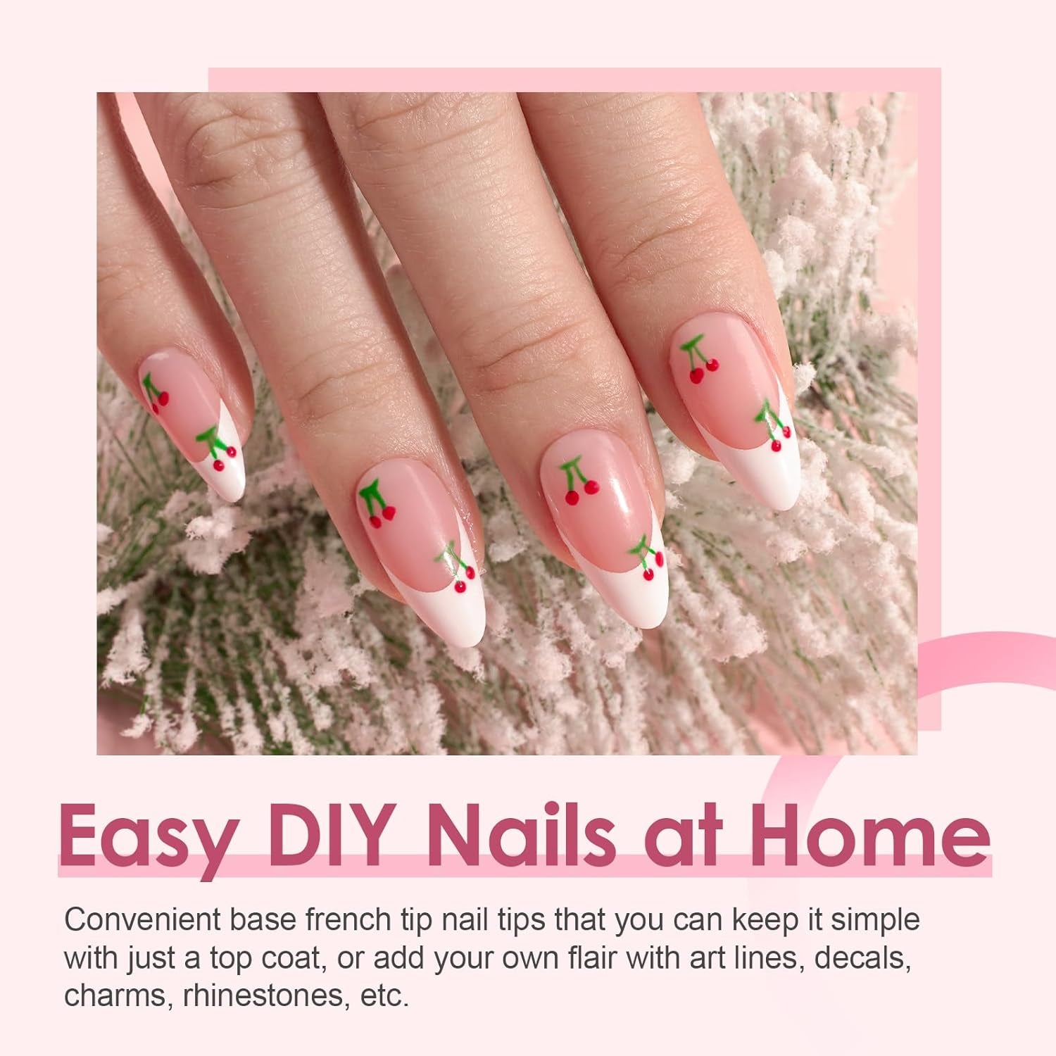 300Pcs French Tip Press on Nails - Pre-Colored Almond Fake Nails with Designs for Quick & Easy DIY Nail Extensions, Perfect Valentine's Day Gift in Pink & White