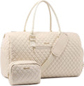 Women's Large Travel Duffle Bag with Toiletry Bag, Quilted Beige Weekender and Gym Beach Bag with Separate Wet Pocket