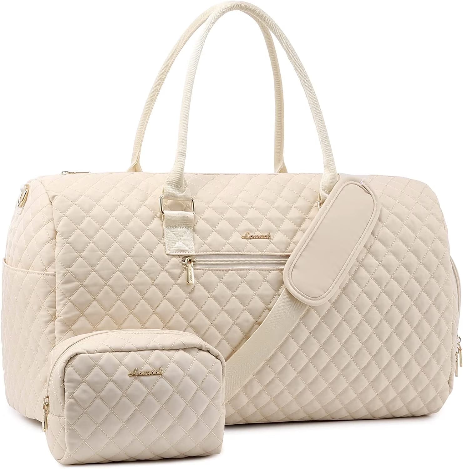 Women's Large Travel Duffle Bag with Toiletry Bag, Quilted Beige Weekender and Gym Beach Bag with Separate Wet Pocket