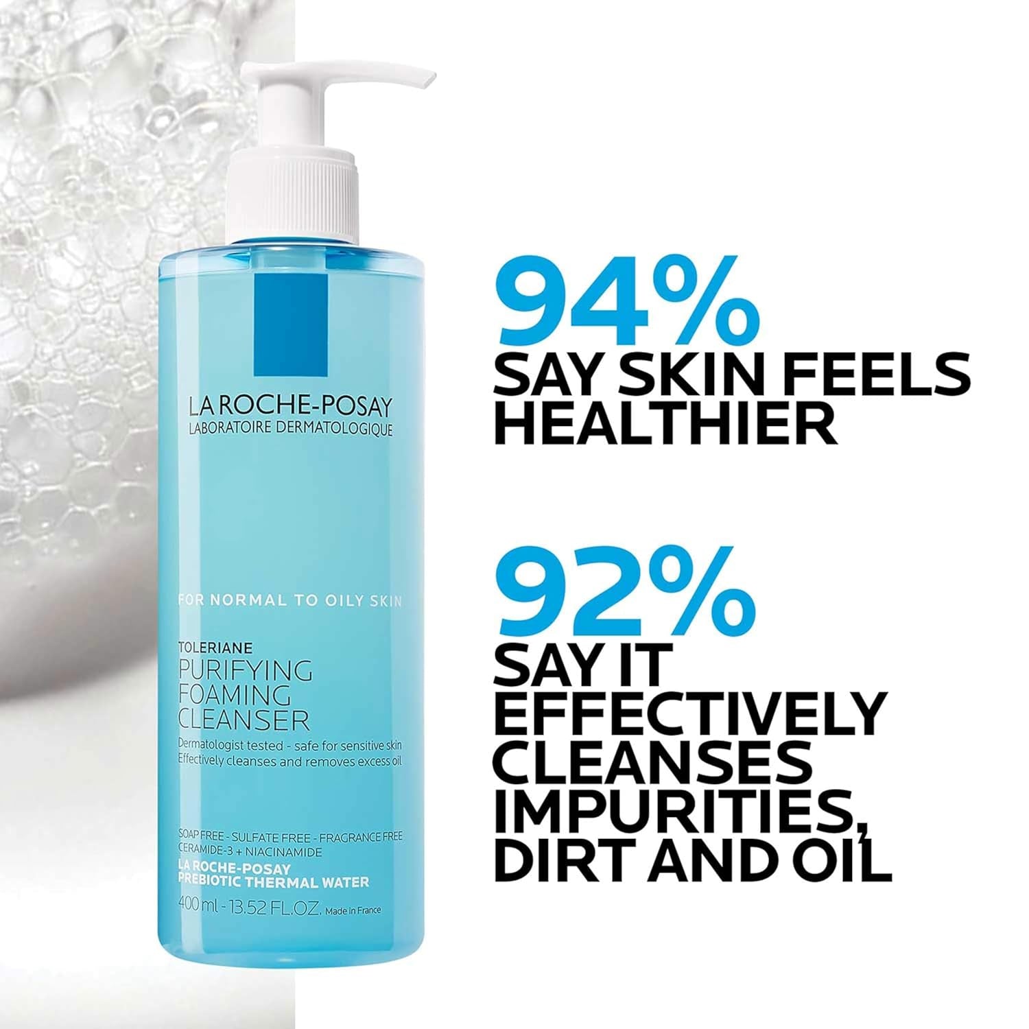 Toleriane Purifying Foaming Facial Cleanser, Oil Free Face Wash for Women & Men with Niacinamide + Ceramides, Pore Cleanser Safe for Sensitive Skin, Won’T Dry Out Skin, Soap Free
