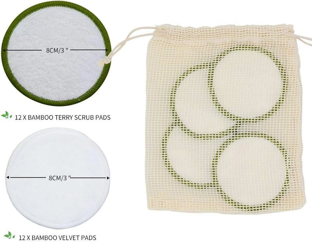 Reusable Makeup Remover Pads - 24 Eco-Friendly Bamboo Velour Cotton Rounds with Laundry Bag and Storage Box for All Skin Types