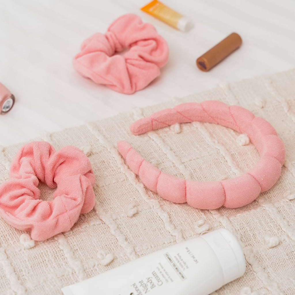 Puffy Spa Headband and Wristband Set for Women - Terry Cloth Hair Band for Skincare and Makeup Application