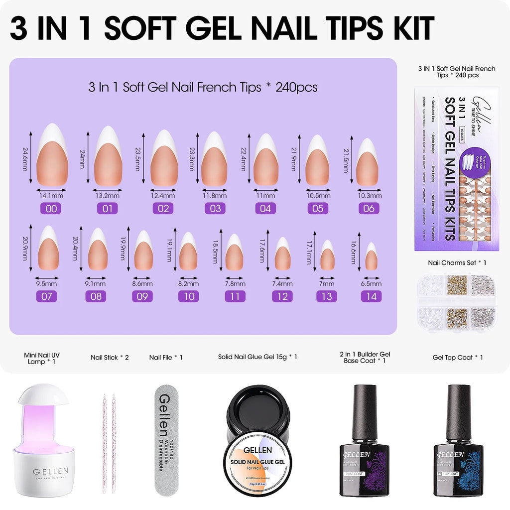 Ultimate French Tips Gel Nail Kit - 240 Pcs Brown Almond Acrylic Nails with Gel Top & Base Coat, UV Lamp, Nail Glue, and Charms for Salon-Quality Manicures at Home!