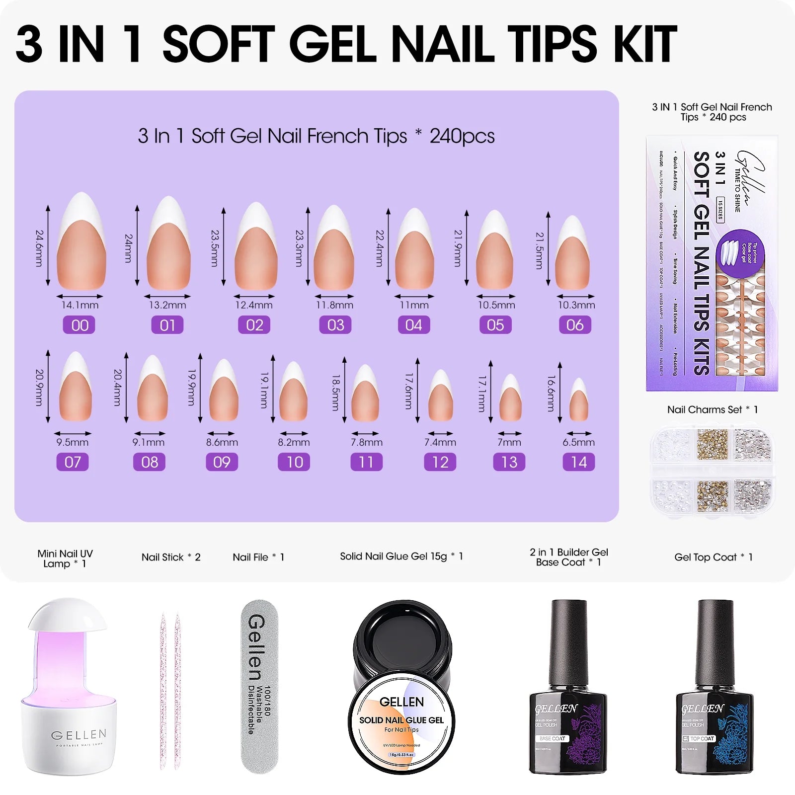Ultimate French Tips Gel Nail Kit - 240 Pcs Brown Almond Acrylic Nails with Gel Top & Base Coat, UV Lamp, Nail Glue, and Charms for Salon-Quality Manicures at Home!