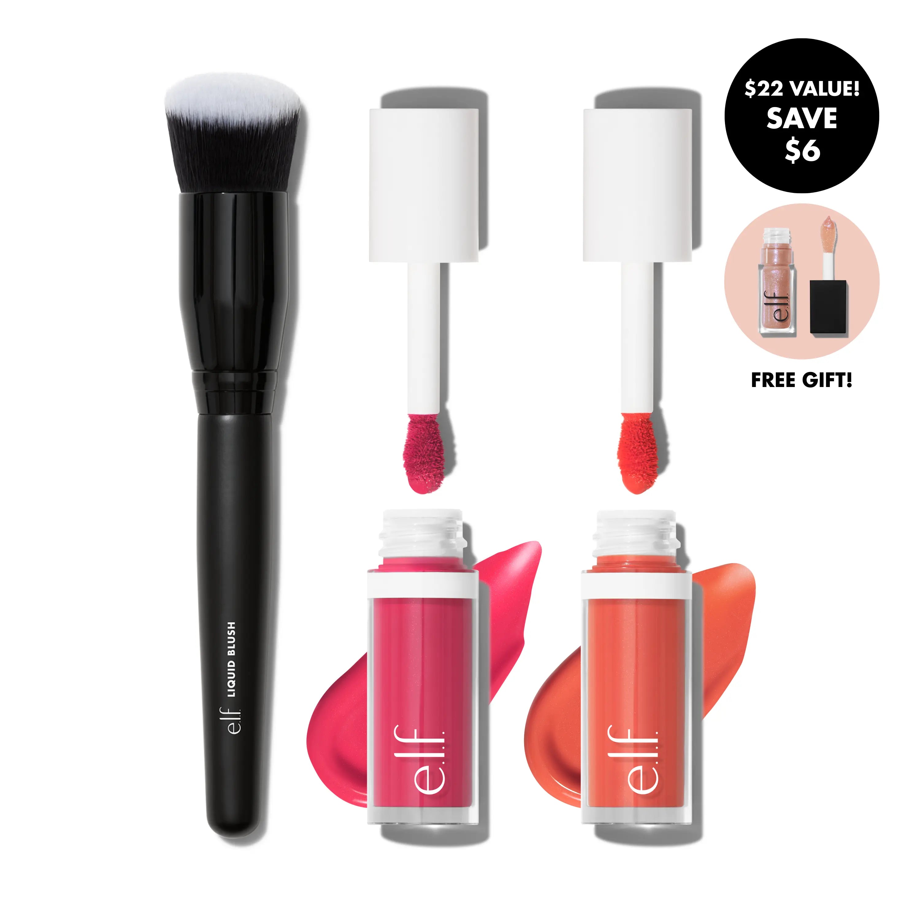 E.L.F. Sunset Flush Blush Bundle - Camo Liquid Blushes in Hot Pink & Coral Crush with Angled Brush for Ombre Effect