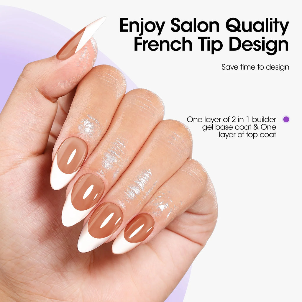 Ultimate French Tips Gel Nail Kit - 240 Pcs Brown Almond Acrylic Nails with Gel Top & Base Coat, UV Lamp, Nail Glue, and Charms for Salon-Quality Manicures at Home!
