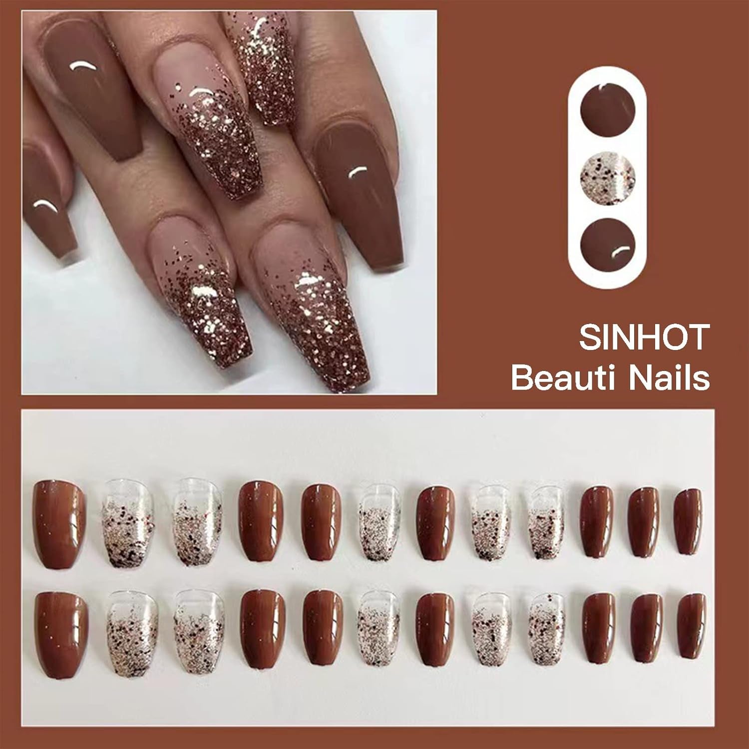 Gorgeous Brown Gradient Coffin Press-On Nails - 24 Pcs Medium Ballerina Glossy Acrylic Designs